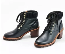 New Jack Rogers Harper Leather Lace Up Hiker Knit Block Heel Boots Black Sz 10M