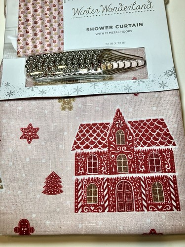CHRISTMAS GINGERBREAD HOUSES FABRIC SHOWER CURTAIN PINK METALLIC SPARKLE + HOOKS - Picture 11 of 12