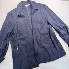 Chicos Linen Blend Open Front Jacket M Navy Lightweight Classic