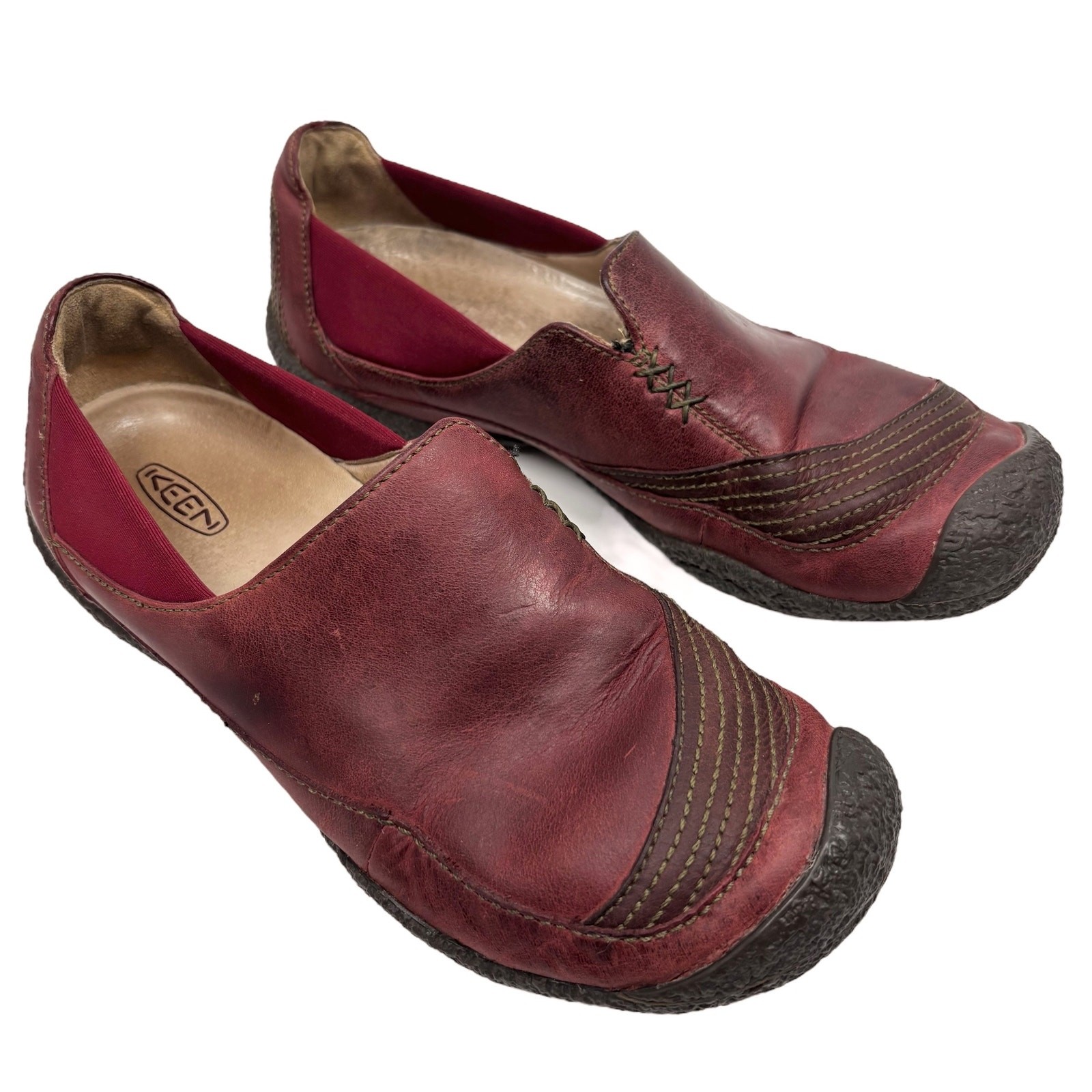 Scarpe Keen slip on donna 7 5 rosso bordeaux scarpe in pelle mocassini escursionismo cucite