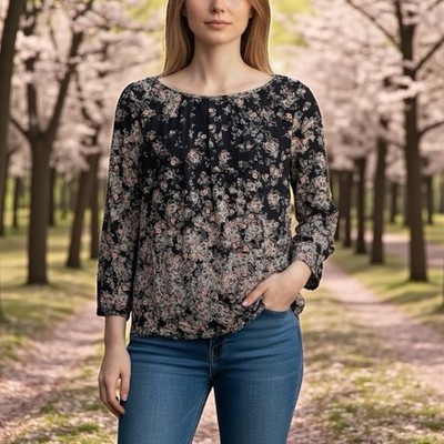 Camaieu Size Medium Long Sleeve Lightweight Blue Floral Cottagecore Womens Top