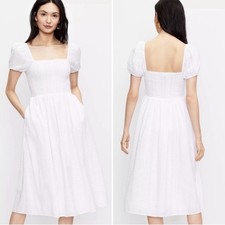 LOFT 100% Cotton White Puff Sleeve Smocked Midi Dress Lined Pockets Sz S Exc Con