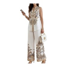 Womens White/Gold Paisley 2-Piece Collared To...