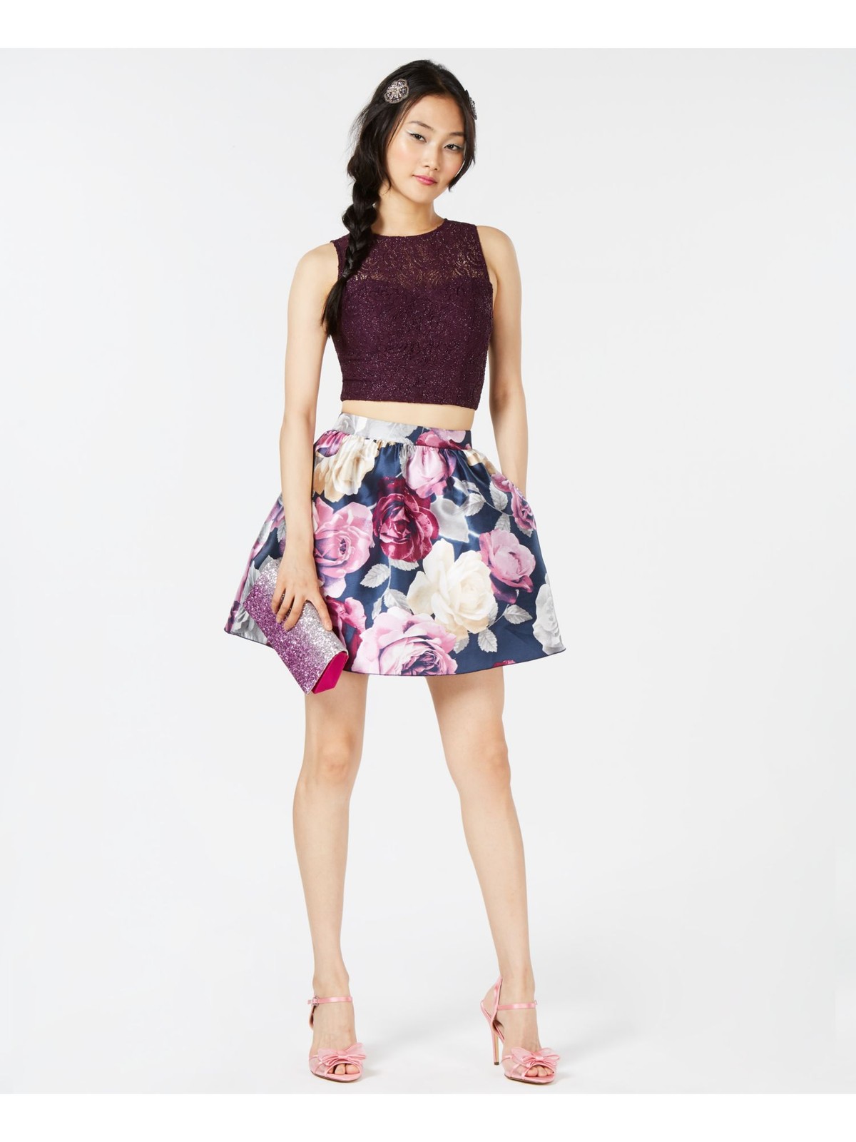 Women's Navy Sleeveless Jewel Neck Evening Crop Top-image