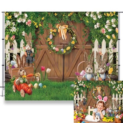 10x8 Ft Rustic Wooden Door Spring Easter Bunny Photography Backdrop Grass