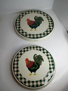 Vintage Round Stove Burner Covers Set 4 Farmhouse Granny Style Rooster Gingham 