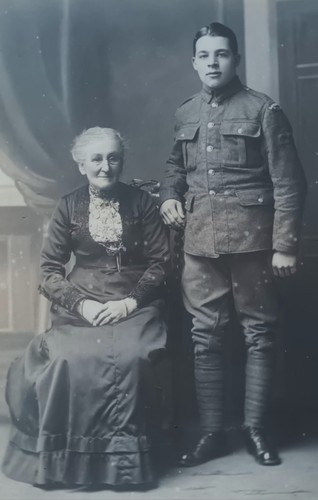 Antique Solid Oak Framed Mother & Soldier Son Photo Portrait - The Great War