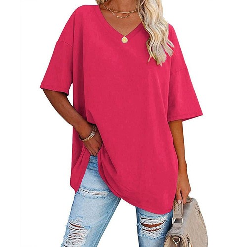 UK Womens V Neck Blouse Summer Casual Baggy Loose T Shirt Tee Tops Tee Plus Size - Picture 40 of 40