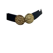 Vintage Goldtone Asian Mimi Di Brass Round Interlocking Belt Buckle Navy Belt