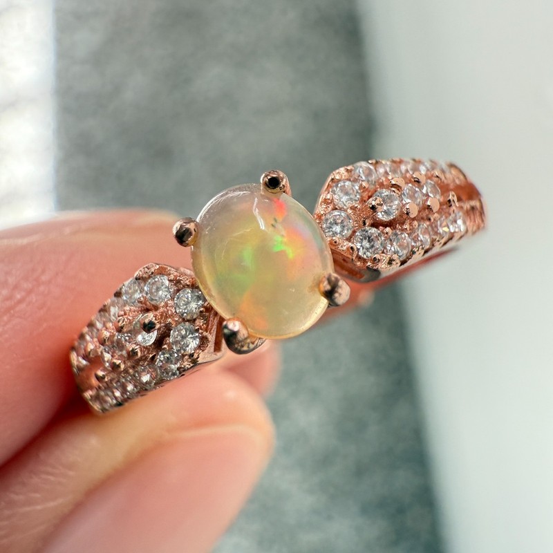 925 Sterling Silver Ring 5x4mm Natural Opal Zircon Handmade 14K Rose Gold Plated