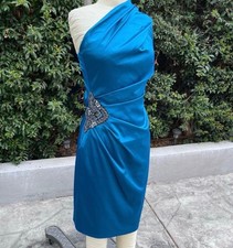 Eliza J Teal One Shoulder Cocktail Dress Beaded Accent Ruched Sheath Size 2