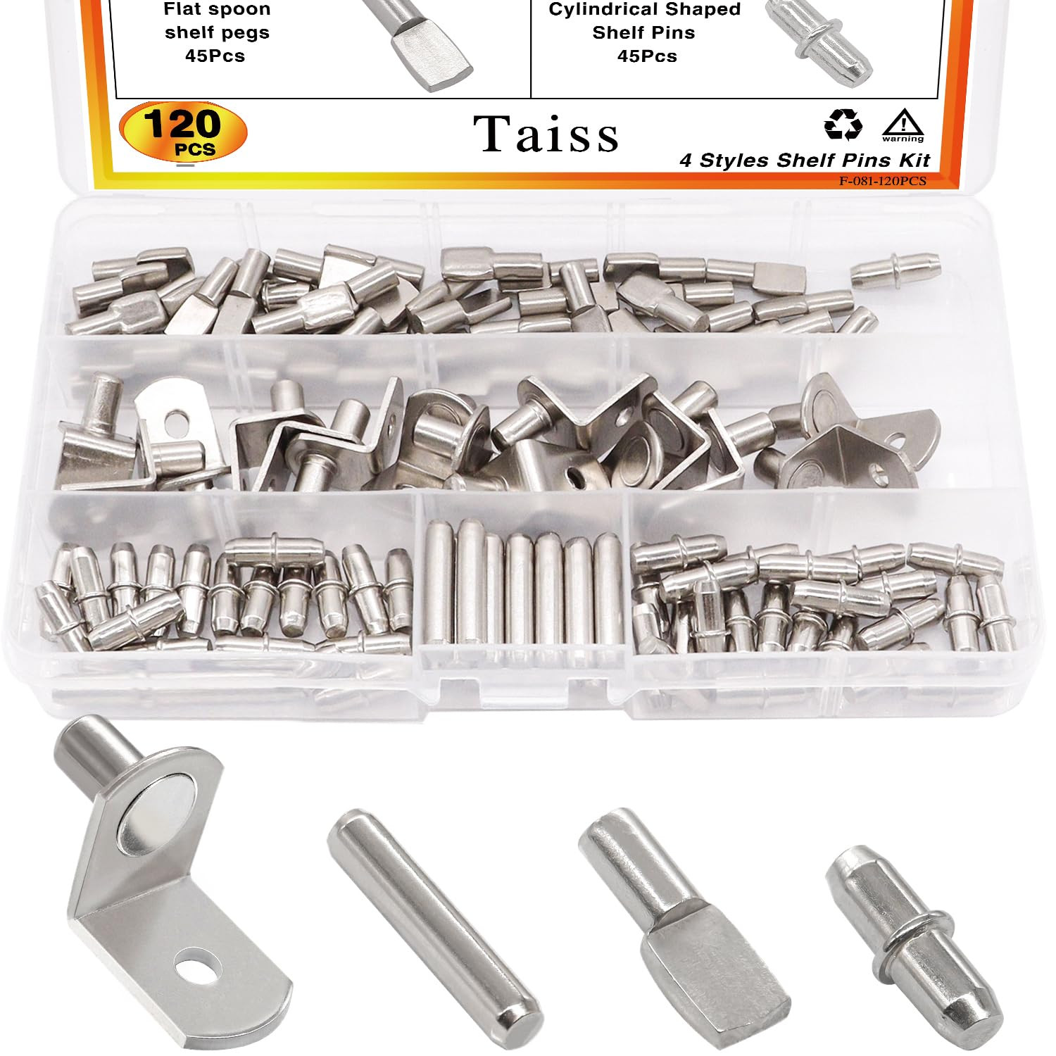120PCS Nickel Plated Shelf Pins Kit - 4 Styles for Cabinets & Shelves
