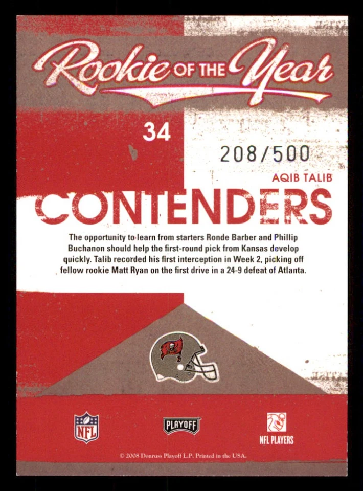 2008 Playoff Contenders ROY Contenders #34 Aqib Talib /500 - Image 2 of 2