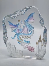Wizard Riding Dragon Over Castle Etched Glass with Glitter & Color PAPERWEIGHT