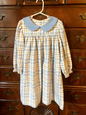 Stitchy Fish girls size 6 blue tan plaid flannel dress corduroy collar