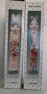 Easter Pencil Bunnys Vintage Set Of 2. Alice Holding Eggs Chris Holding Carrots