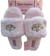Juicy Couture Slide Slippers Faux Fur Pink Silver Crown Women’s Size XL 9.5-10.5