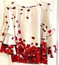 Alfani Women's Blouse Red Rose Petals on White Tiered Ruffled Sleeves Petite Lg
