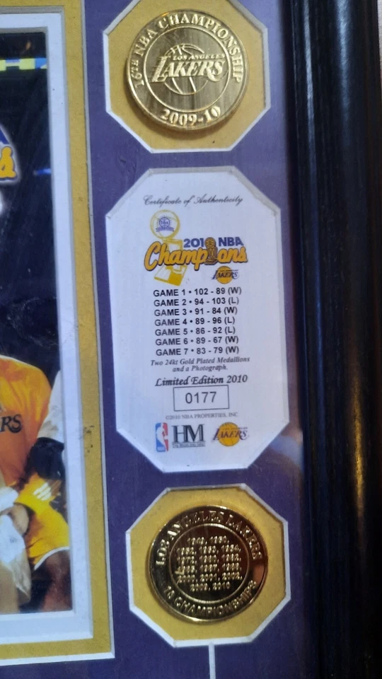 Lakers NBA Champs 2010, 2 Gold plate coin Highland Mint, Kobe Bryant, frame 8x10 - Image 2 of 4