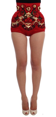 Dolce & Gabbana Red Silk Crystal Roses Women's Shorts Authentic - 第 1/6 張圖片