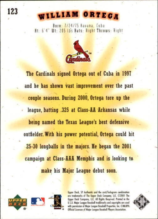 2001 Upper Deck SP Authentic #123 William Ortega FW RC /1250 - NM-MT - Image 2 of 2