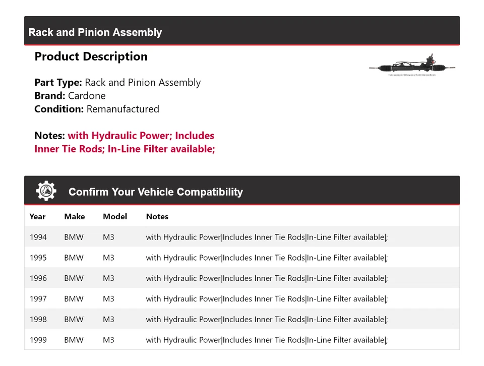 Conjunto de piñón y cremallera para BMW M3 1994-1999 Cardone 1995 1996 1997 1998 Foto 2 de 4