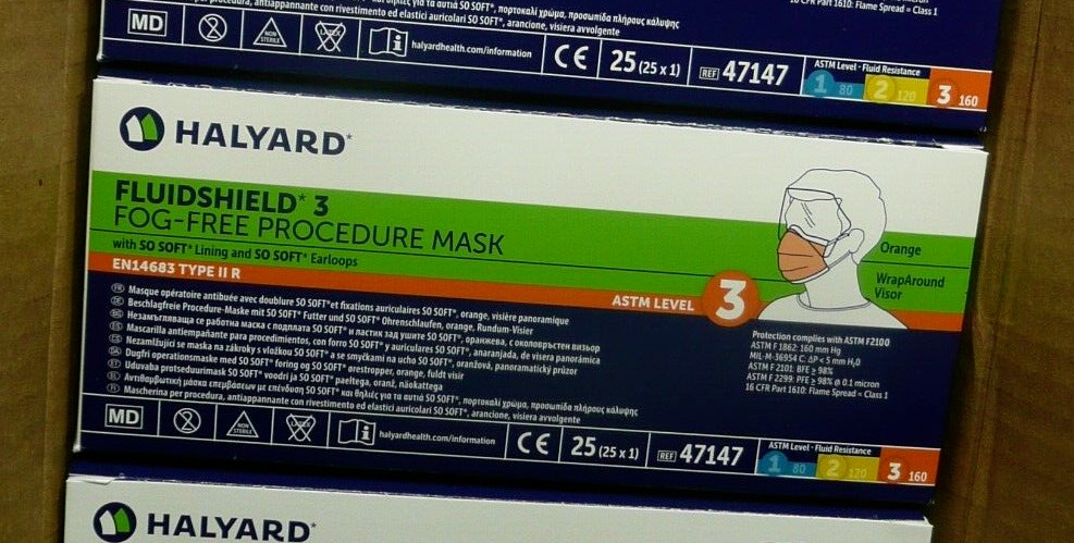 25 Pack Halyard 47147 FluidShield ASTM 3 Fog-Free Face Mask  (ORANGE) Exp 06/25
