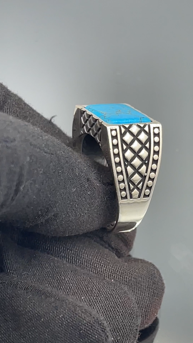 Blue Turquoise Handmade Stone Mens Silver Ring,925K Sterling