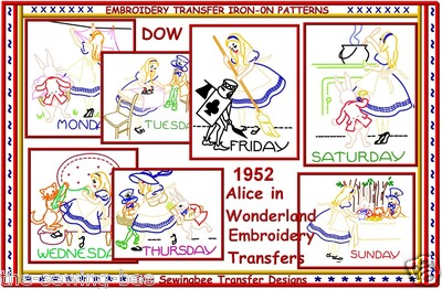 Alice in Wonderland Kitchen Tea Towels embroidery transfer motifs no. 1952