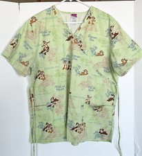 Disney Green Chipmunks Scrub Healthcare Nursing Tie Back Top Size L