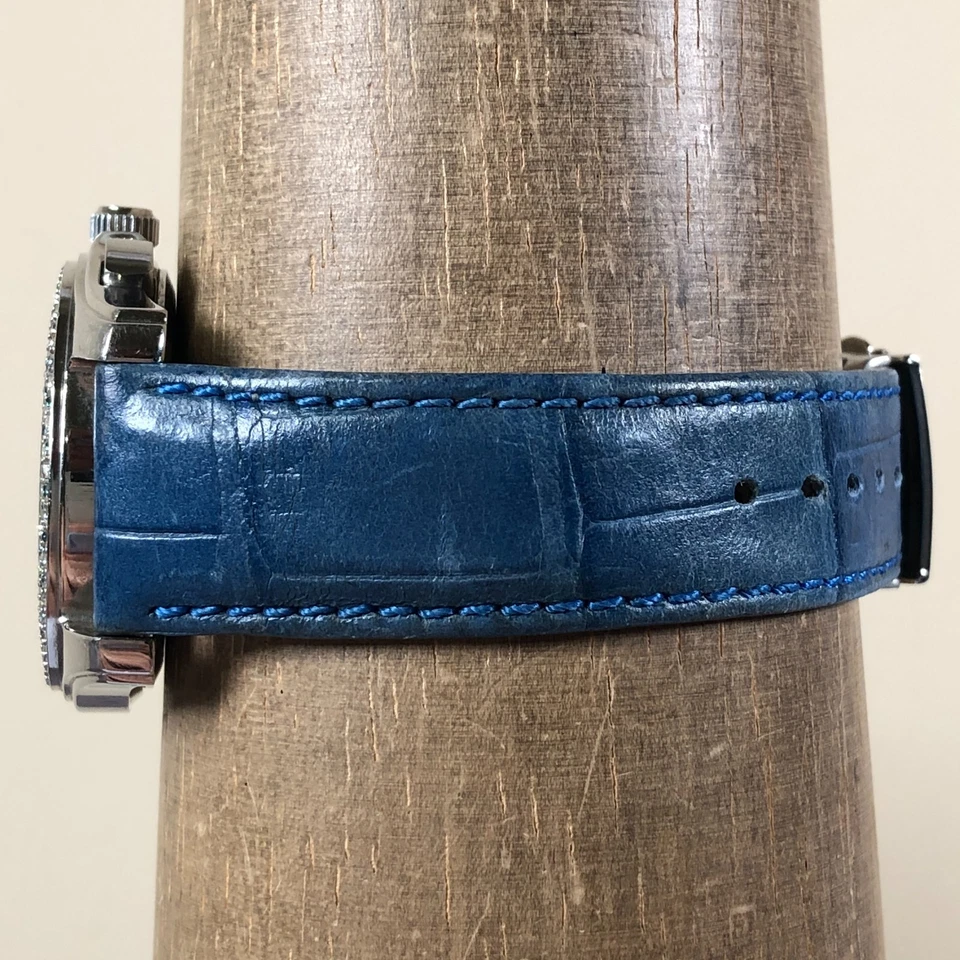 Reloj Croton Chronomaster Mujer Cronógrafo Pavé Cuero Azul Cuarzo 36mm 7 1/2" Foto 3 de 4