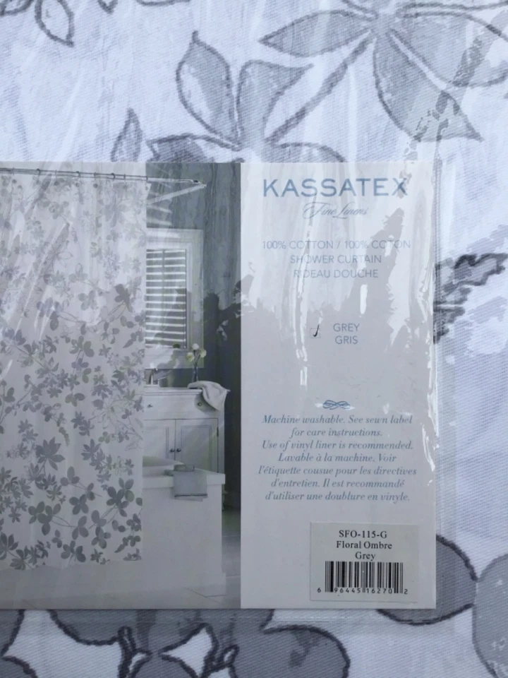 全新 Kassatex Floral Ombré 灰色浴帘 72 x 72 100% 棉 灰色/白色 — 第 2/4 张图片