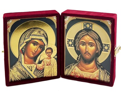 Christ The Teacher and Virgin of Kazan Virgin Mary Icon Diptych in Velvet Case