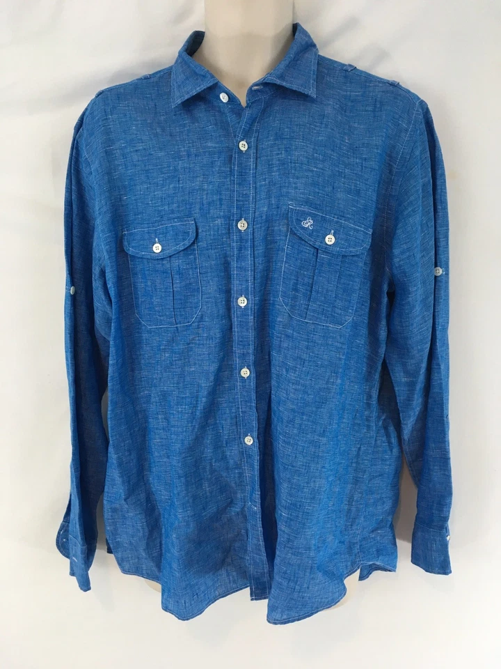 Camisa masculina Sarar 42 azul linho italiano botão frontal - Imagem 2 de 4