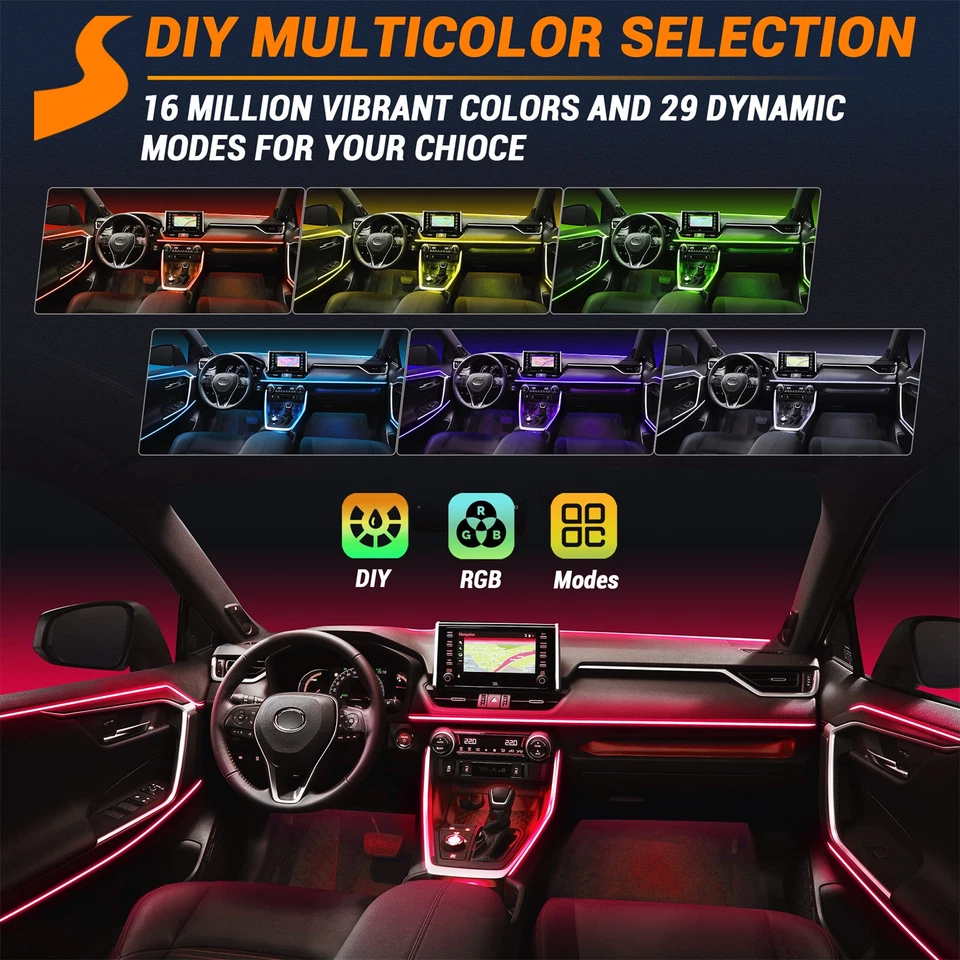 RGB 8LED Car Interior Light Strip Ambient Guide Decor Atmosphere Light 10M W/APP - Image 4 of 4