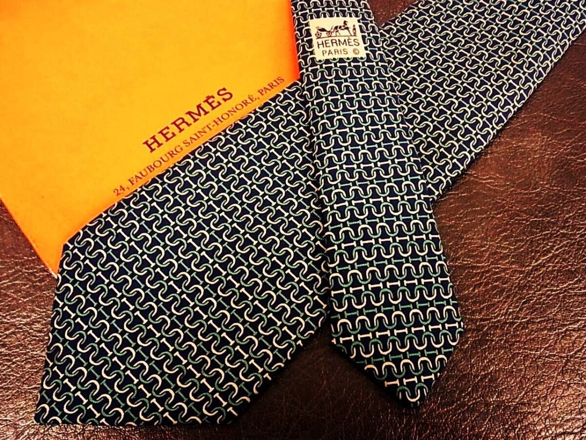 HERMES Neck tie Silk Black Logo japan seller N0115 13 Made in