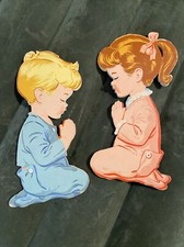 Vintage 1958 Dolly Toy Company Praying Children Pink Blue Nursery Wall Hanging