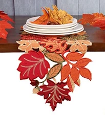 Fall Thanksgiving Table Runner Orange Maple Leaves Harvest Autumn Holiday Par...