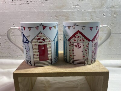 Pair Queens by Churchill Mugs Cups Gone to the Beach Dawn Ocean Houses Sea Gull