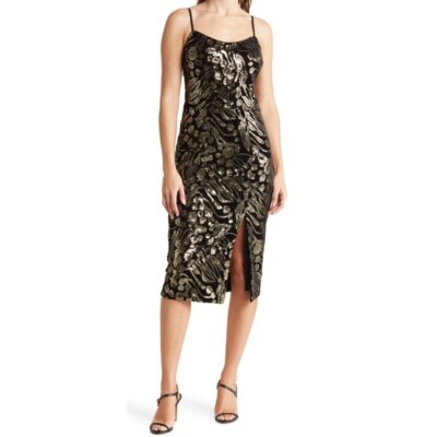 NWT Dress The Population Women Black Gold Sequin Front Slit Midi Dress Size L