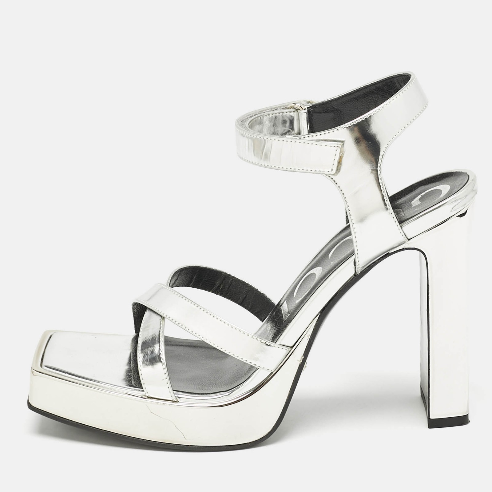 Gucci Silver Leather Buckle Crystal Platform Sandals Ankle Strap