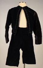 VICTORIAN 19TH C CHILD  S 2 PC BLACK VELVET SUIT W CORD DETAILED JACKET