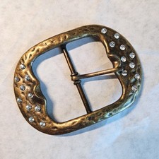 Vintage Handmade Hammered Solid Brass Rhinestone Belt Buckle Western Boho