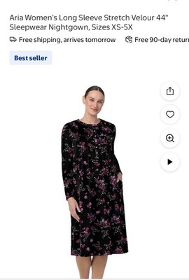 New Aria Women s L 12/14 Long Sleeve Stretch Velour 44  Sleepwear Nightgown
