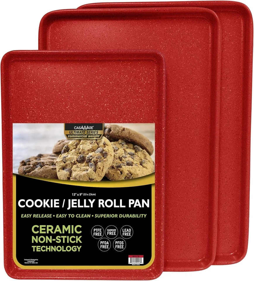 3pc Red Granite Ceramic Nonstick Cookie Sheet Set - Perfect for Baking Lovers - Image 3 of 4