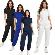 Women Mechanic Jumpsuit Medical Surgical Bodysuit Short Sleeve Unitard Work Suit