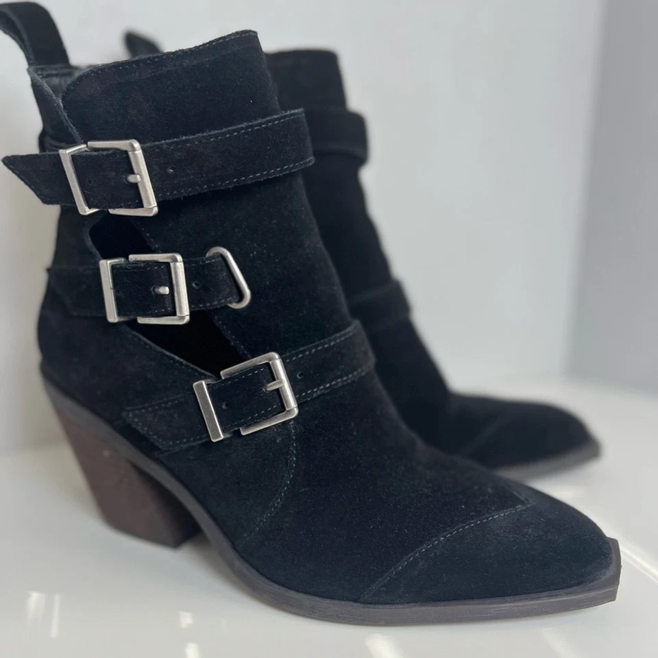 Crown винтажный Stratla черная замша лодыжки каблука пряжки загрузки ботинок 7,5 M / 38 - Изображение 3 из 4