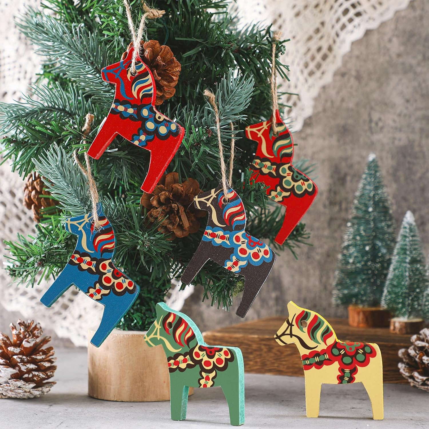 6 Pcs Swedish Dala Horse Wooden Christmas Ornaments Hanging Tree Decor Vintage