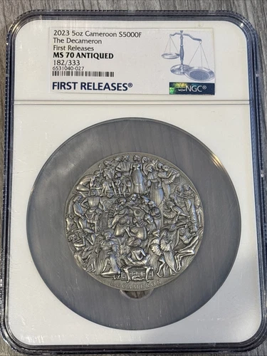 2023- Cameroon- 5 oz- The Decameron- First Release- NGC- MS70 Antiqued- 182/333