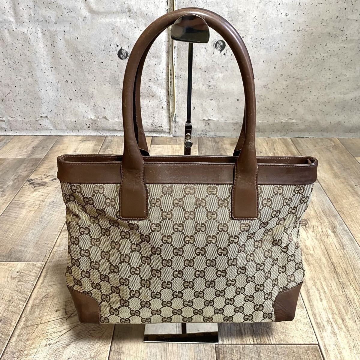 Gucci GG Canvas Leather Tote Bag Brown Medium Shoulder Handbag Auth Italy